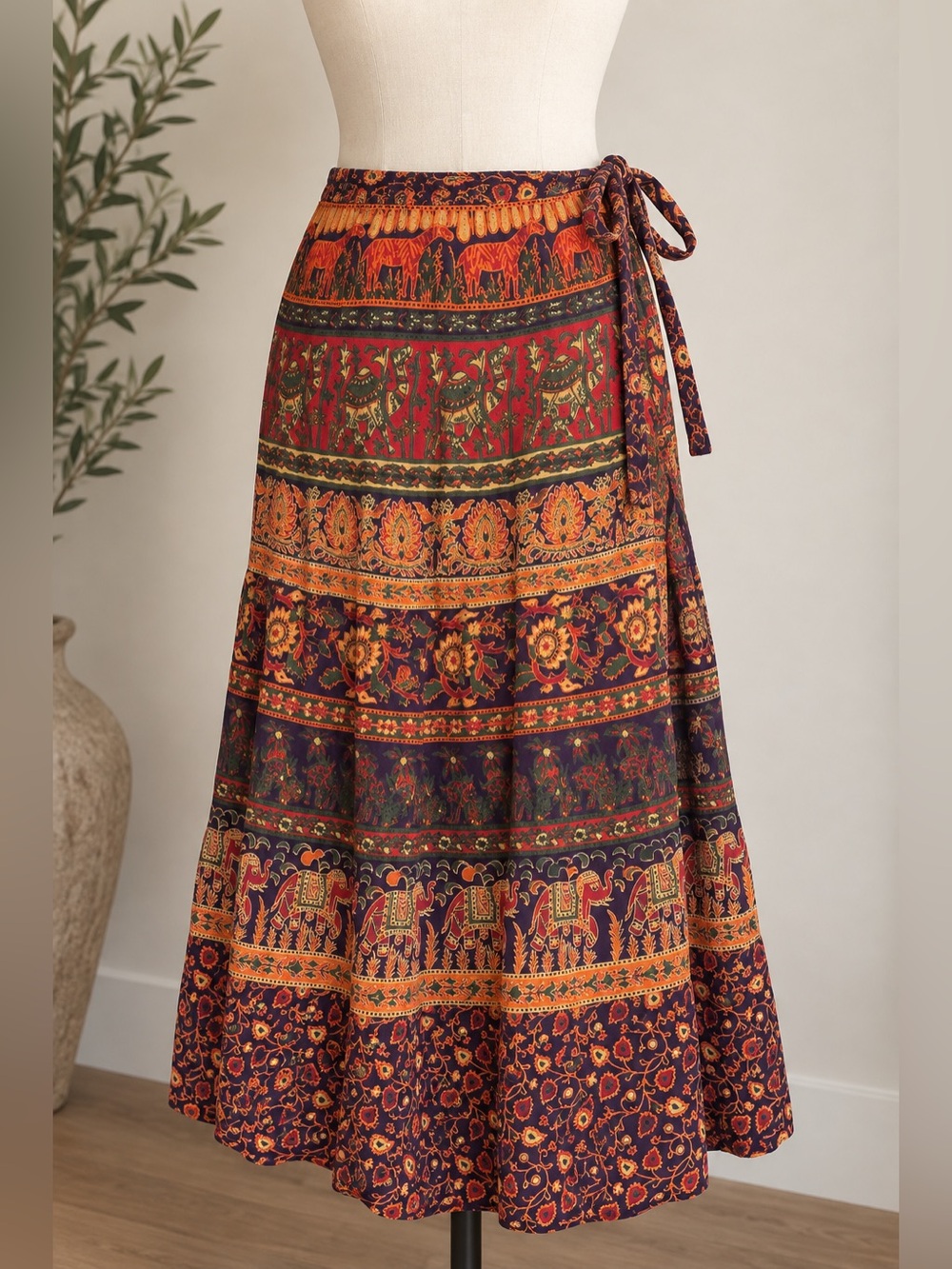 Boho Tiered Wrap Skirt in Burgundy & Orange